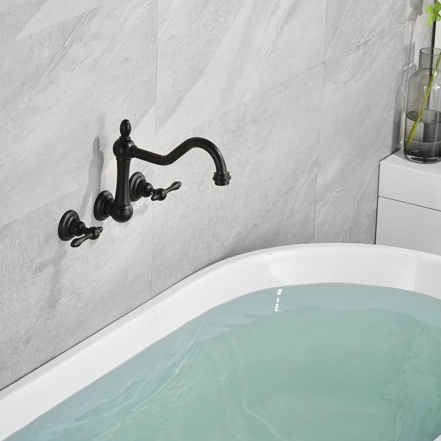 sumerain Black Tub Faucet Wall Mount Bathtub Filler Vintage Style 3 Holes 8 Inches Center