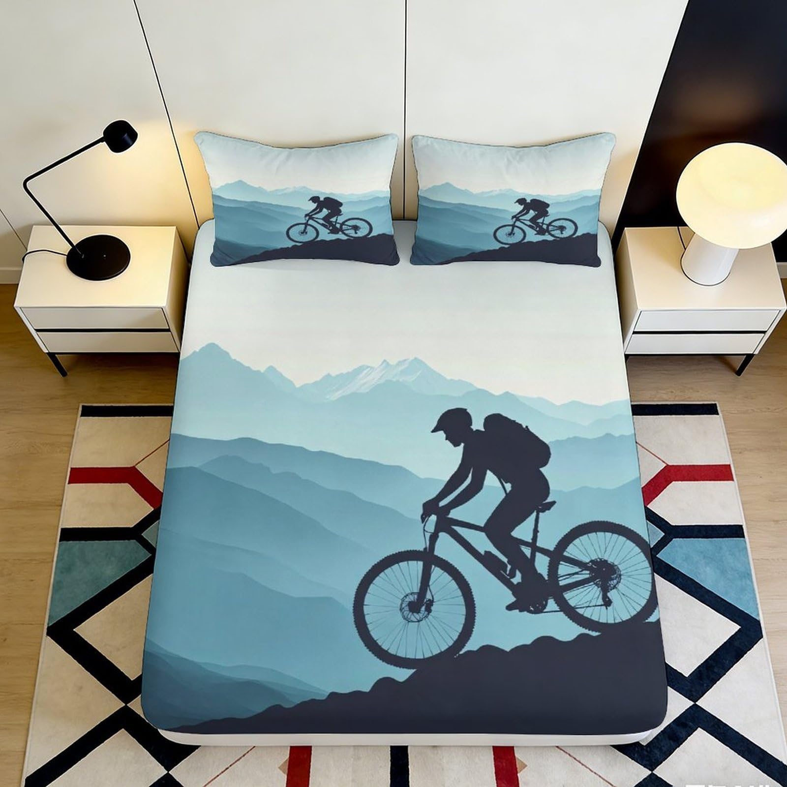 3D Printed Mountain Cycling Fitted Sheet Microfiber Soft Breathable Forest Bike Bed Cover for Bedroom Guest Room Decor 90x200x25cm