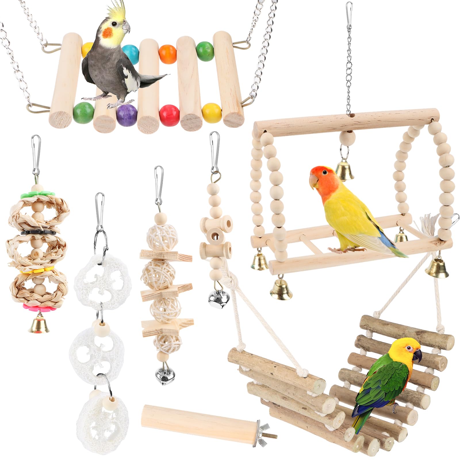 Byffoer Wooden Toys for Budgies 8 Pack Natural Wood Lovebird Hanging Swing Toys with Bells for All Parrots and Bird Chews