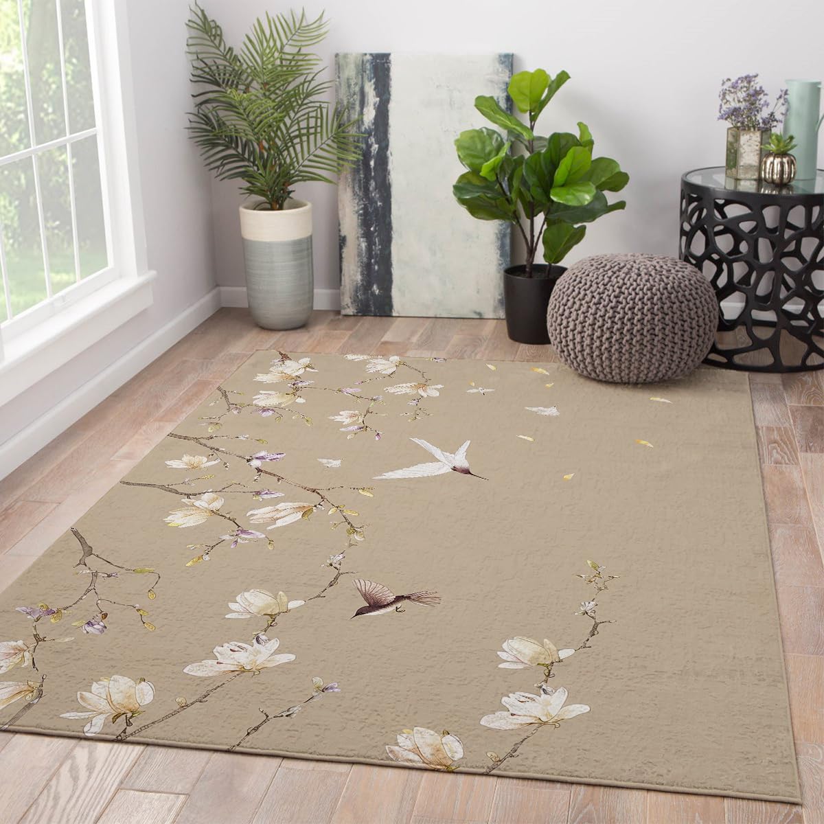 Moquette douce tapis de salon lavable machine style magnolia fleuri 90x150