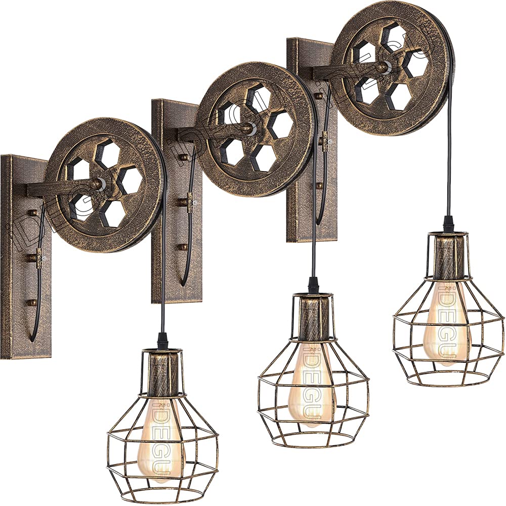 iDEGU Aplique de Pared Vintage Industrial Estilo Polea Regulable E27 Lámpara de Pared Interior de Madera y Hierro Retro Lamparas para Salón, Restaurante, Bar - Óxido Bronce (3 Piezas)