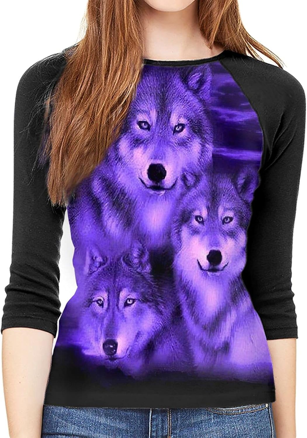 Wolf Fantasy Tshirt à manches raglan pour femme en coton Noir Noir
