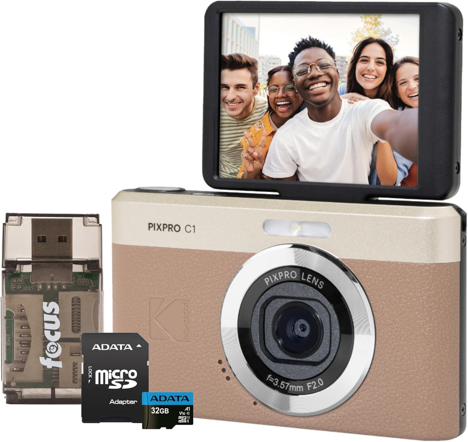 KODAK PIXPRO C1 13MP, 1080p Digital Camera (Brown) Bundle with 32GB MicroSD Card and Card Reader (3-Items)