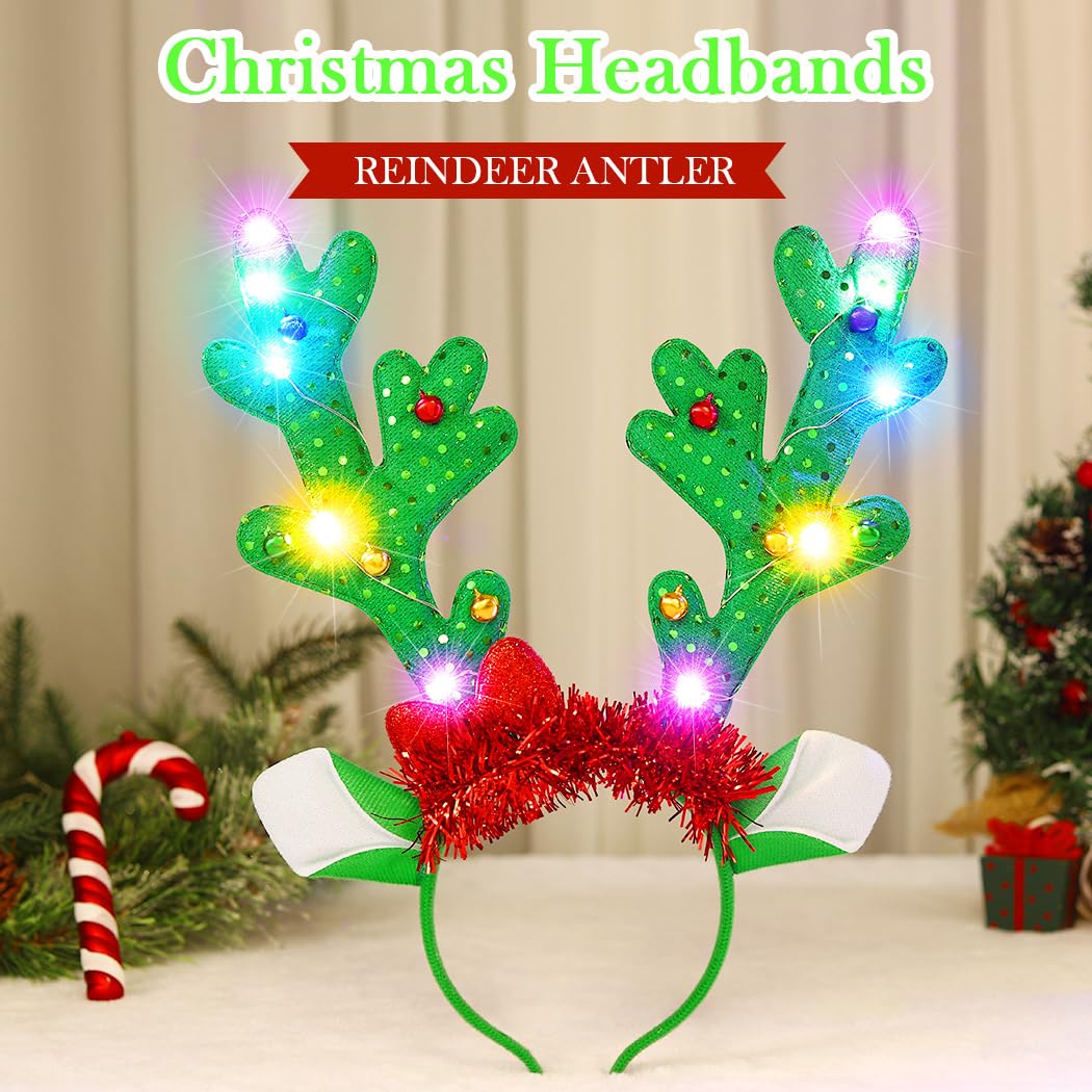 Fashband Christmas Reindeer Antlers Headbands Deer Antler Headband Light up Headpiece Hair Accessories Christmas Halloween Party Cosplay for Women and Girls (Green) - Image 2