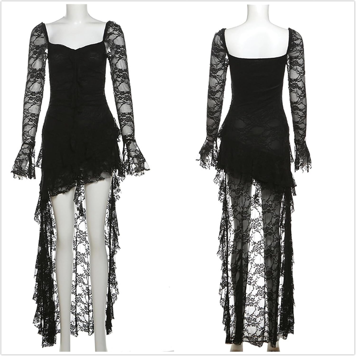 Elegant Lace Midi Dress for Women - Gothic Y2k Sheer Long Sleeve, Sweetheart Neck, High-Low, Ruffle, Disco Travel