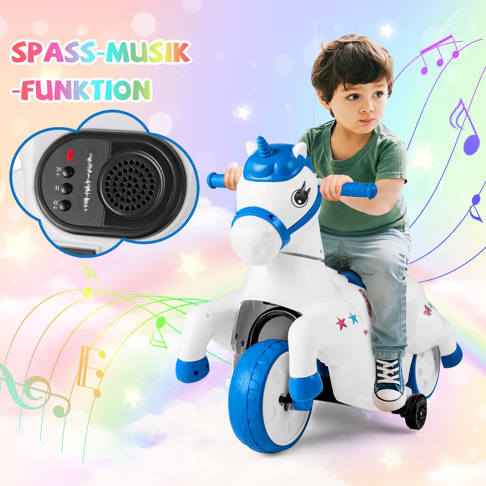 DREAMADE Kinder Elektroauto mit 2 Stützrädern, 3 km/h, Elektrisches Kinder Aufsitzauto mit Musik, Plüsch-Aufsitzspielzeug Kinderfahrzeug, Elektro Kinderauto für Kinder ab 3 Jahren (Blau)