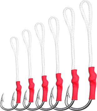 Fishing Assist Hooks with Line, 20PCS Stainless Steel Jigging Assist Fishing Hooks with Red Braided Line Split Ring Lure Connector Jigging Hooks Fishing Tackle