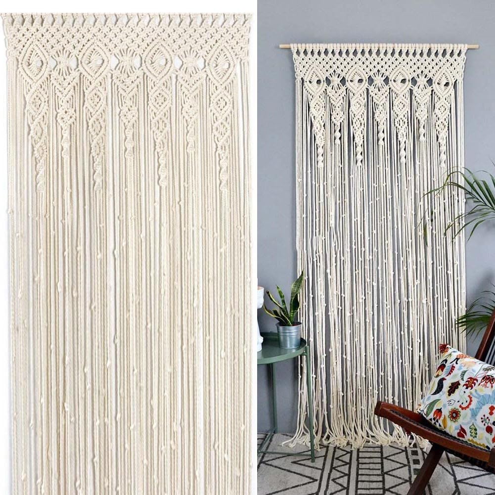 Cortina de puerta de macramé tejida a mano para colgar en la pared para decoración de puerta de ventana de boda, 90 x 180 cm, beige (90 x 200 cm)