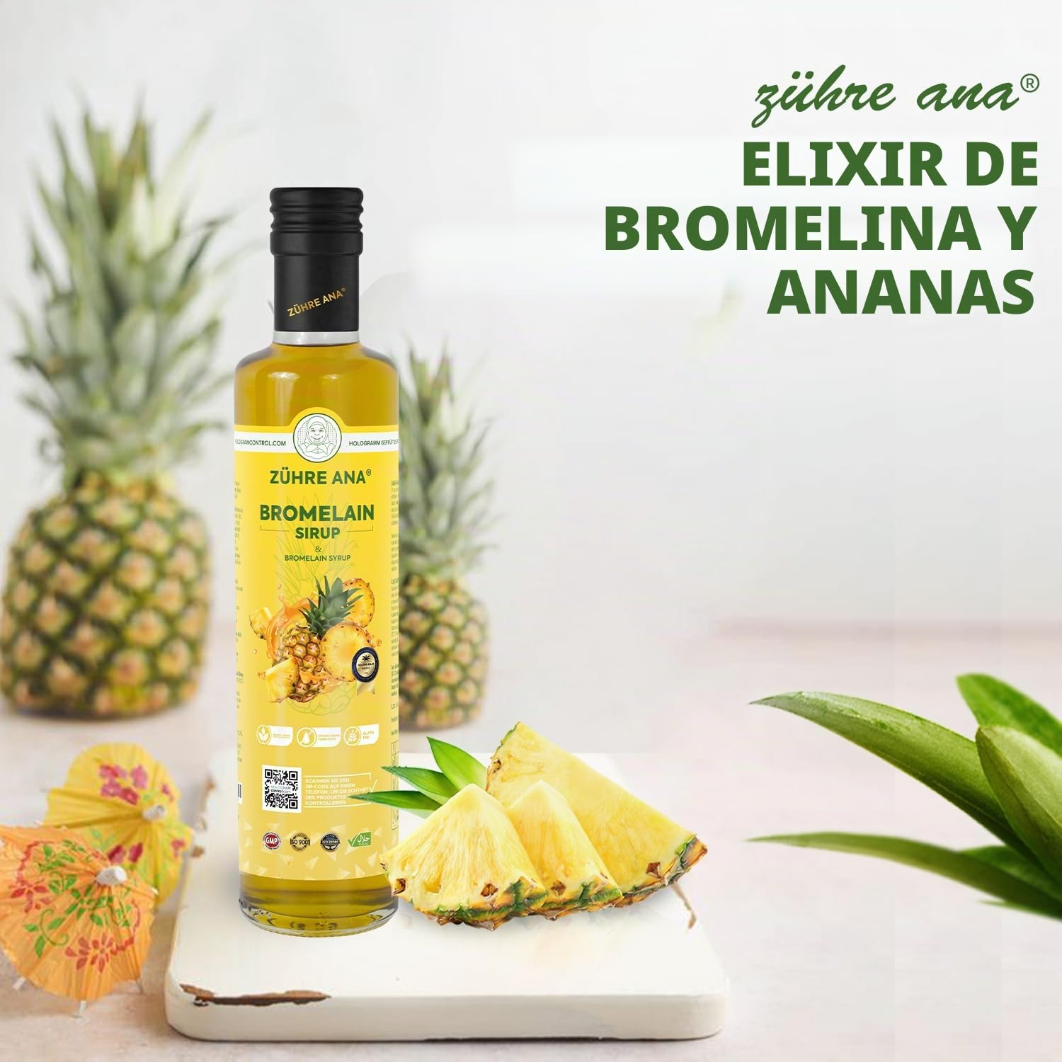 Zühre Ana Jarabe de Bromelina - Coenzima Q10 - Extracto natural de piña - Soporte natural - Acelera la pérdida de peso - Ayuda a eliminar líquidos en casos de edema - Vegano (2x250ml)