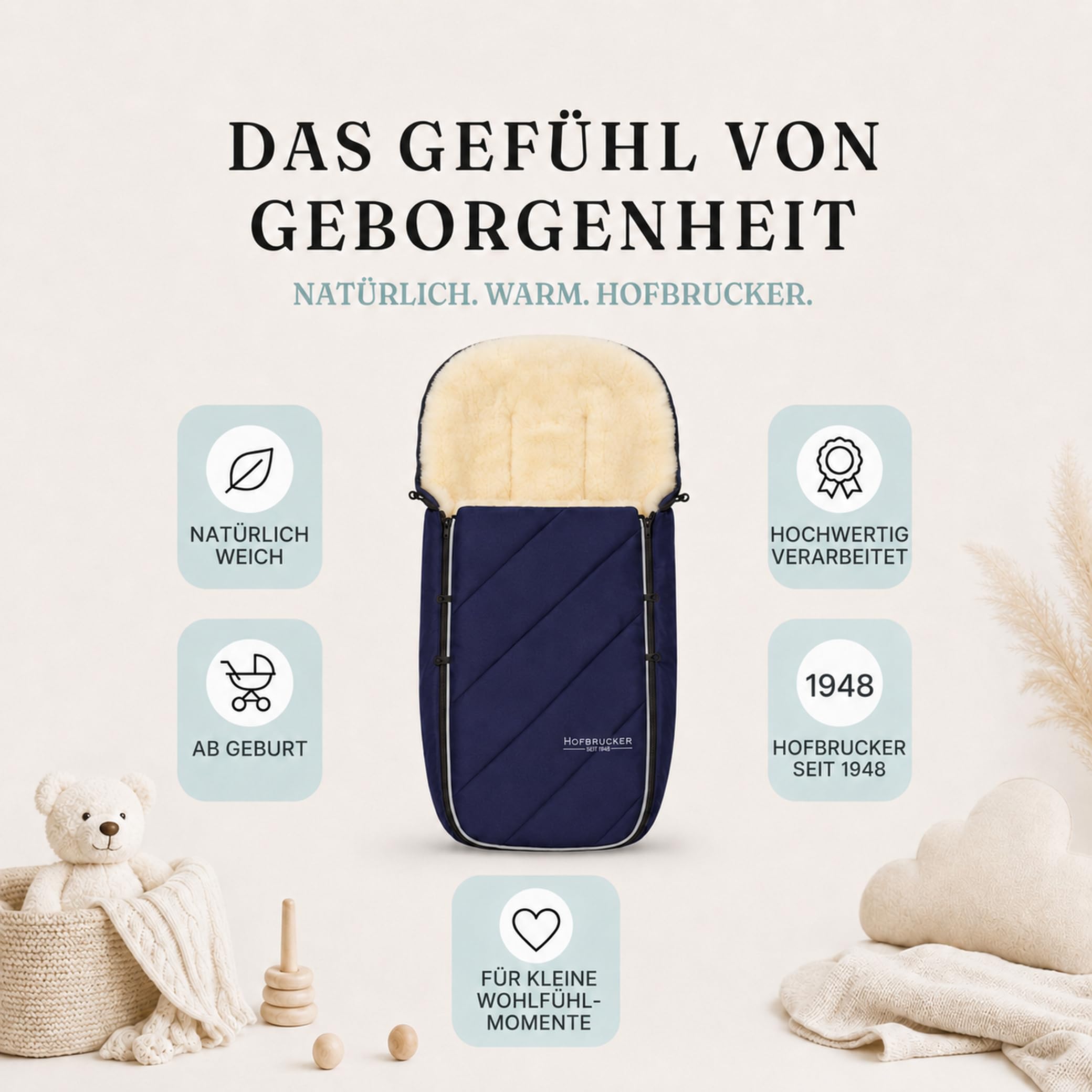 Hofbrucker® Sacco nanna per passeggino di alta qualità, per autunno/inverno/primavera in pelliccia di agnello, per passeggino e Maxi Cosi 0-10 mesi, con coperta rimovibile (blu navy)