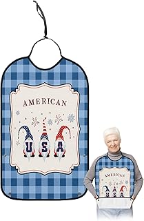 QueenKer Funny Adult Bibs for Eating, Independence Day Gnome Blue Plaid Waterproof Clothing Protector Washable Adult Bib with Crumb Catcher for Men Women Elderl and Seniors