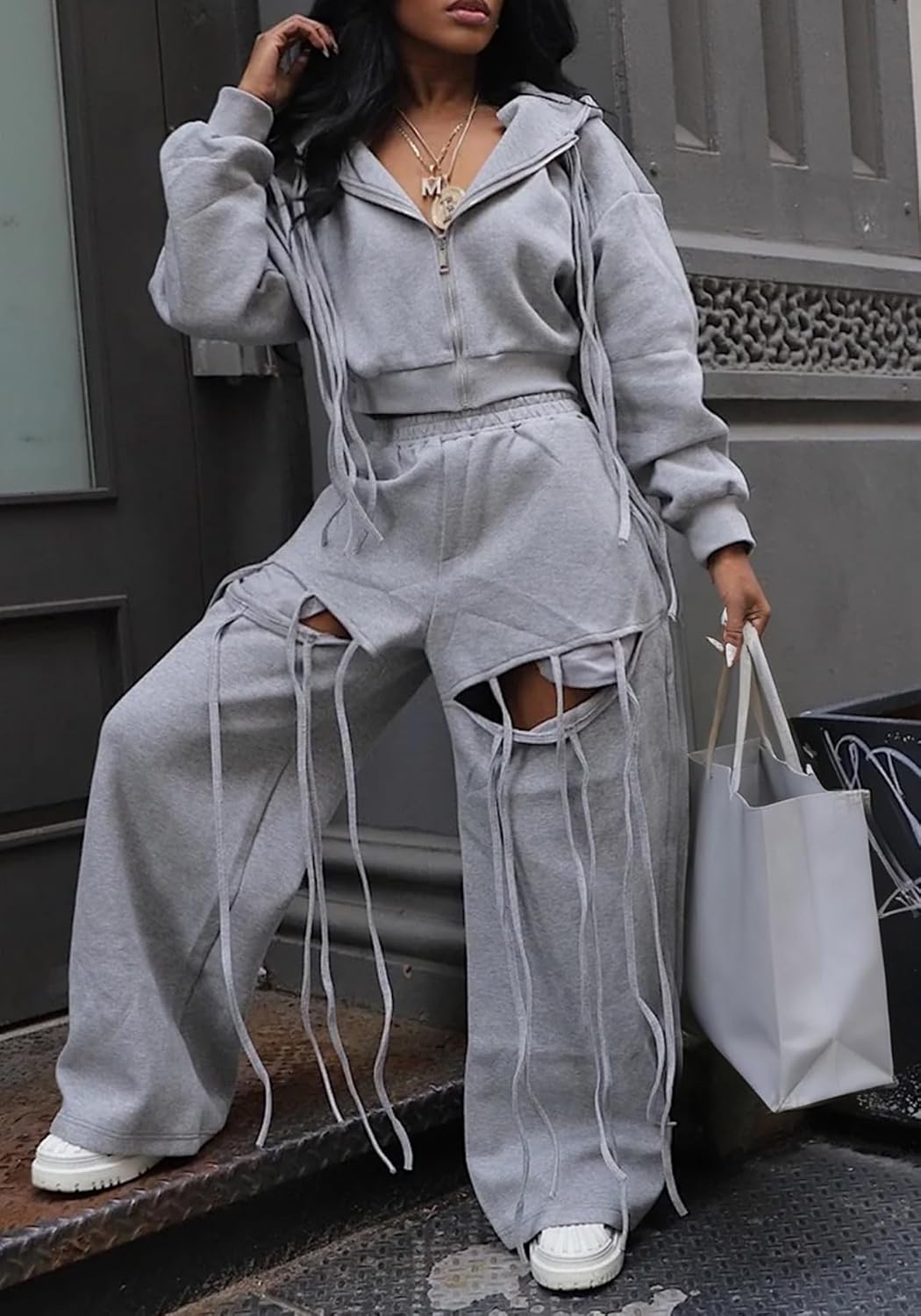 Womens Sweatsuits 2 Piece Outfits Fall Zip Up Cropped Hoodie Cut Out Sweatpants Sets Airport Travel Outfit Tracksuit - Image 4