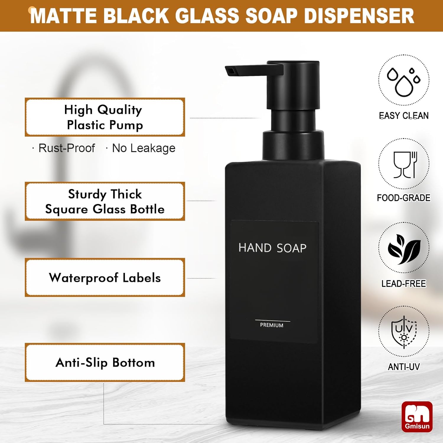 GMISUN Dish Soap Dispenser, 12 fl oz / 350 ml Dual Kitchen Soap Dispensers with Sponge Holder, Customized Matte Black Kitchen Soap Dispenser Set, Modern Hand and Dish Soap Bottle Set Removable - Image 3