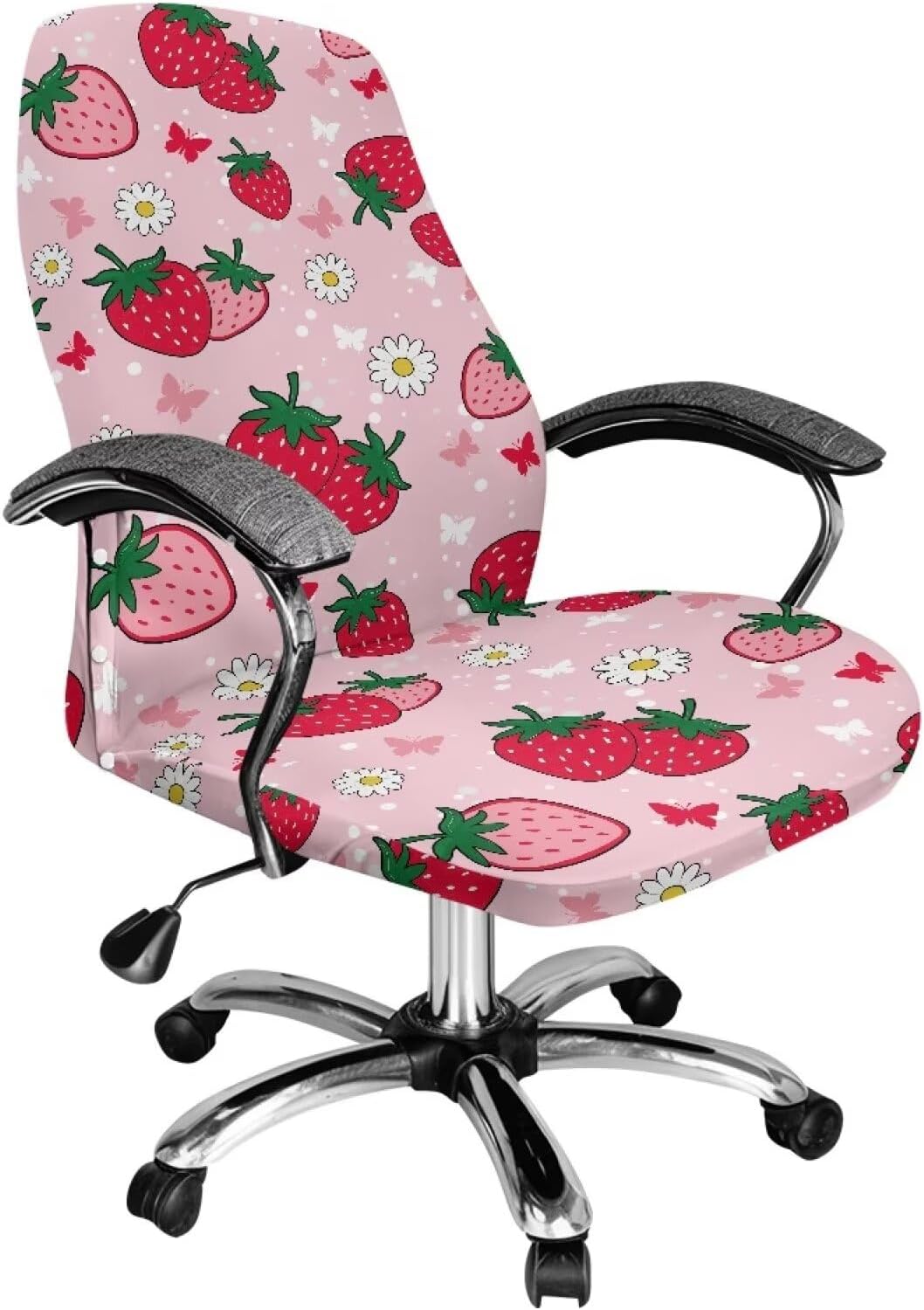 Cute Strawberry Office Chair Cover with Elastic Bottom Computer Chair Slipcovers Washable Fit Office Chair Seat Covers for Offices Washable Wrinkle-Resistant Colorfast,L