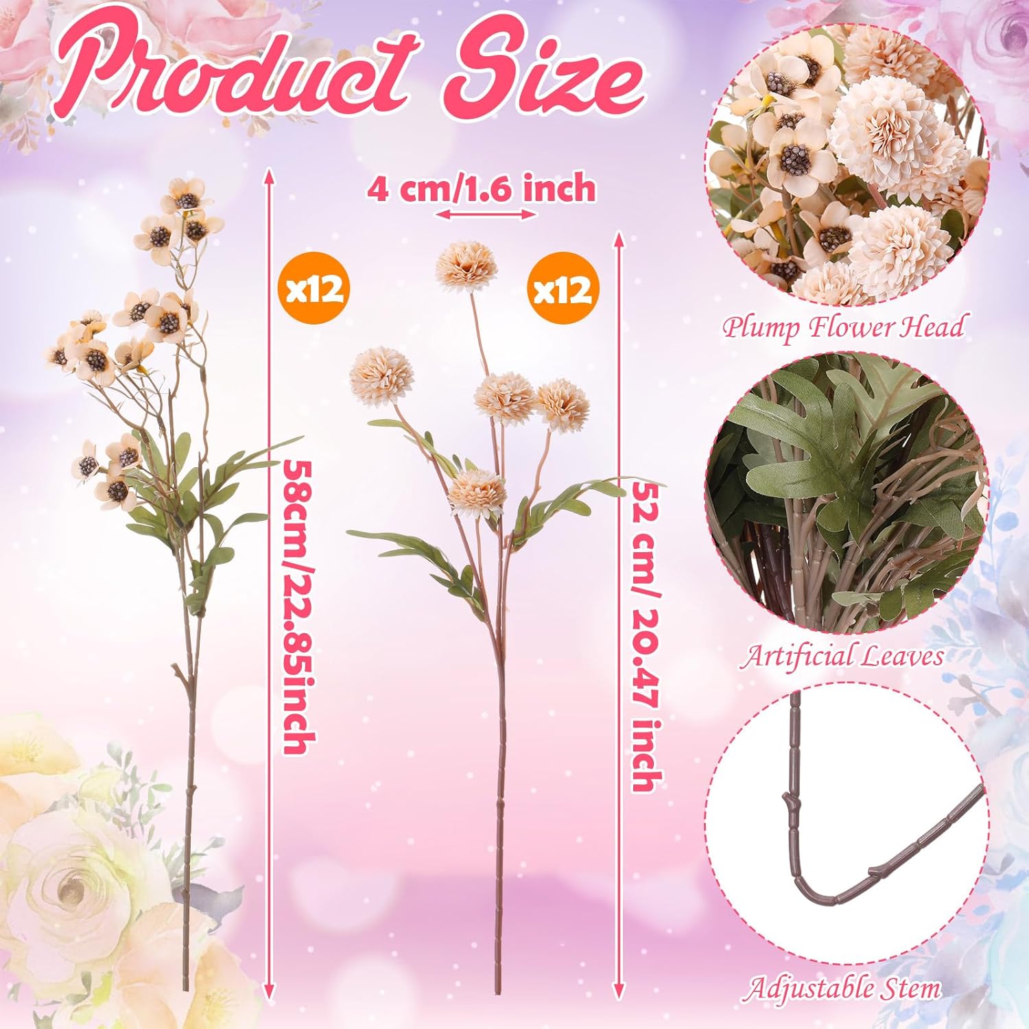 XunYee 12 Pcs Beige Artificial Chrysanthemum Flowers and 12 Wax Flowers, Faux Silk Mums with Flexible Stems Neutral Fake Kiku Pompon for Spring Easter Vase Floral Fillers Wedding Home Table Decor