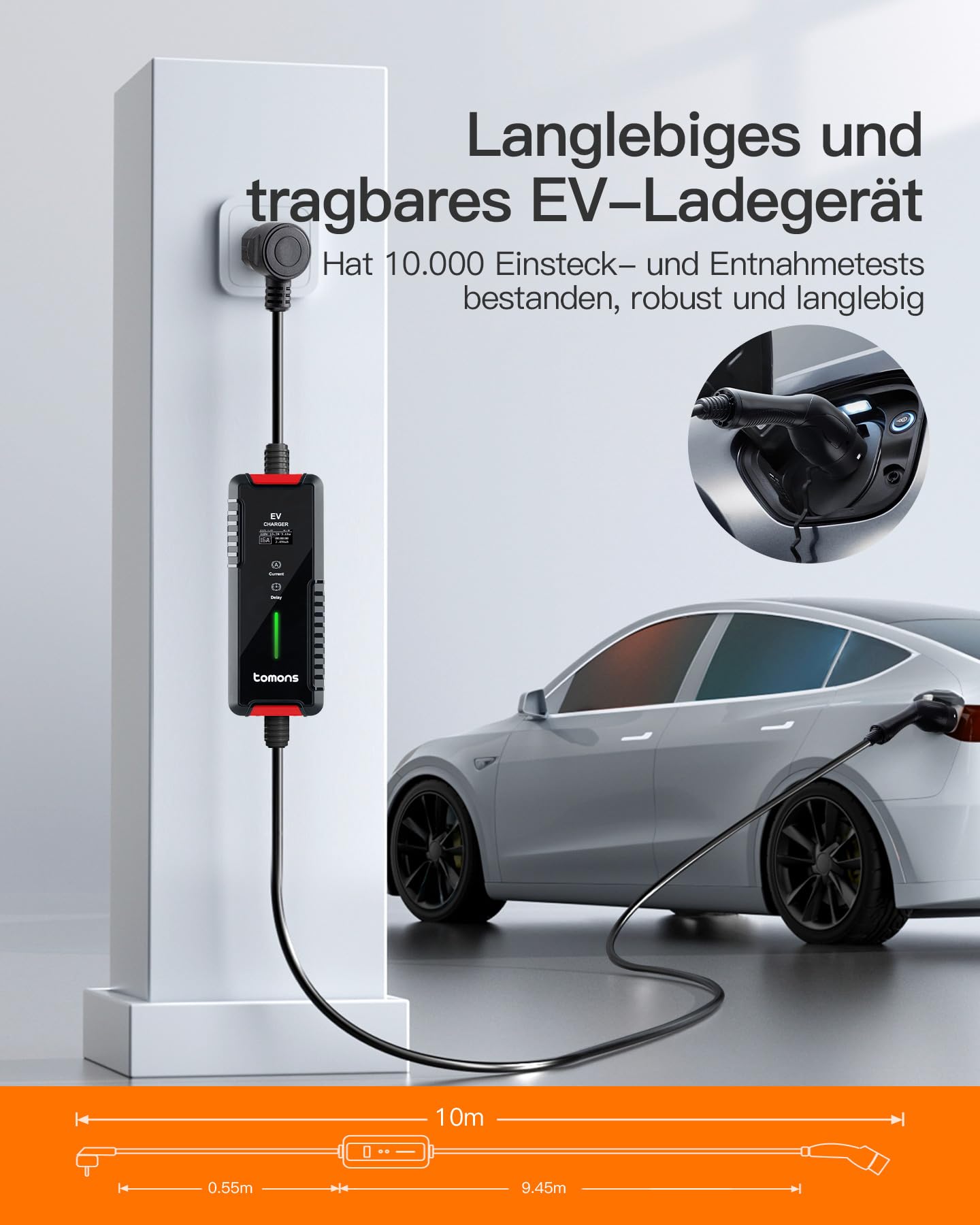 tomons Typ 2 Ladekabel Schuko 3,68 kW, Einphasig, 6-16A, 10M, EV Charger mit Steuerbarer Digitalanzeige und Verzögerungsfunktion