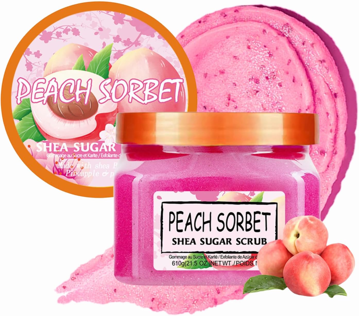 Peach Sugar Scrub Body Exfoliator – Spa Quality Exfoliating Body Scrub – Moisturising Body Scrub Exfoliator for Soft Skin – Deep Cleansing Self Care for Women – Anti Oxidation Body Care, UV Defence