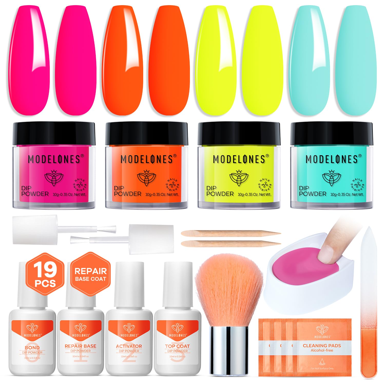 modelonesDip Powder Nail Kit, 4 Colors Spring Summer Hot Pink Orange Yellow Blue Neon Dipping Starter Set with Liquid and Complete Accessories for French Nails Art Salon DIY at Home