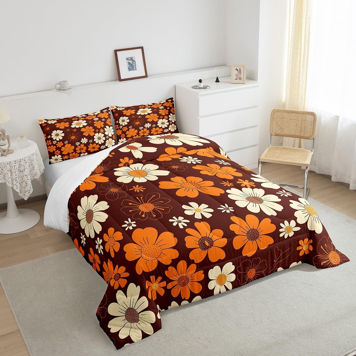 Castle Fairy 70s Groovy Flowers Bedding Comforters Queen Size,Hippie Retro Farmhouse Plant Comforter Set with 2 Pillowcases,Brown White Yellow Floral 3pcs Children Adult Duvet Set,Soft