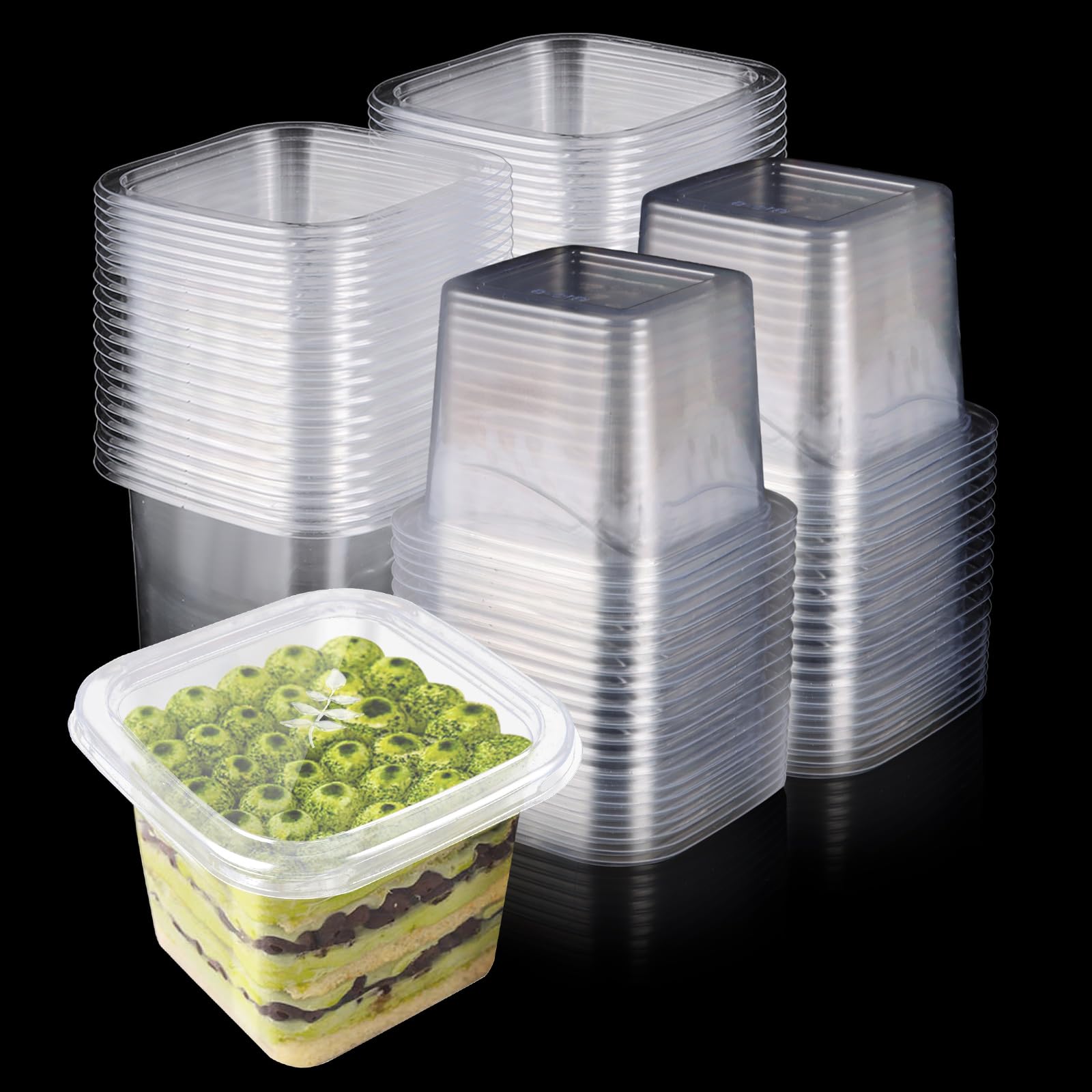 LDXDRU 150 Pack 400ml / 14oz Plastic Dessert Cups with Lids, Clear Parfait Appetizer Cup, Square Cheesecake Pots Serving Bowls for Puddings Yogurt Mouss Trifles - 10 x 10 x 7cm