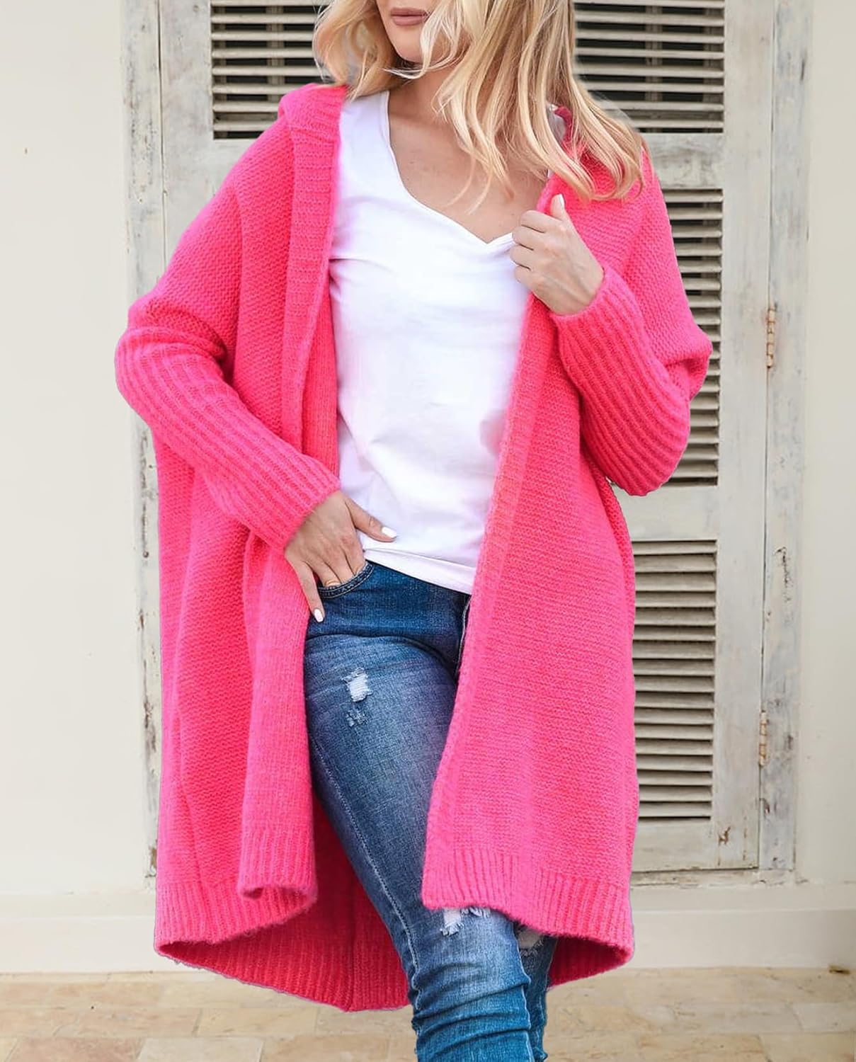 Knitted Hooded Sweater for Womens Casual Open Front Cardigan Winter Sweater Batwing Sleeve Long Sweater Coats - Image 4