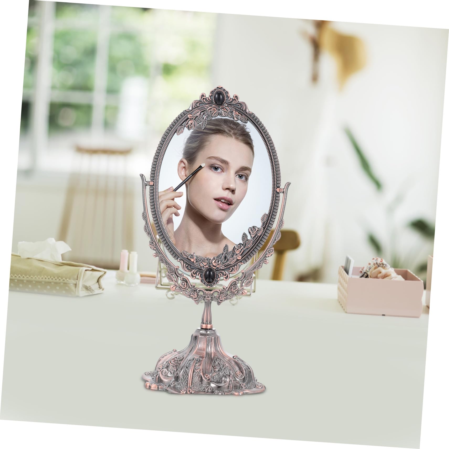 Healeved Vintage Schminkspiegel aus Zinklegierung, Doppelseitig, Drehbar | Tischspiegel mit Flachem Standfuß, Europäischer Stil, Elegantes Design, für Hochzeit und Make Up