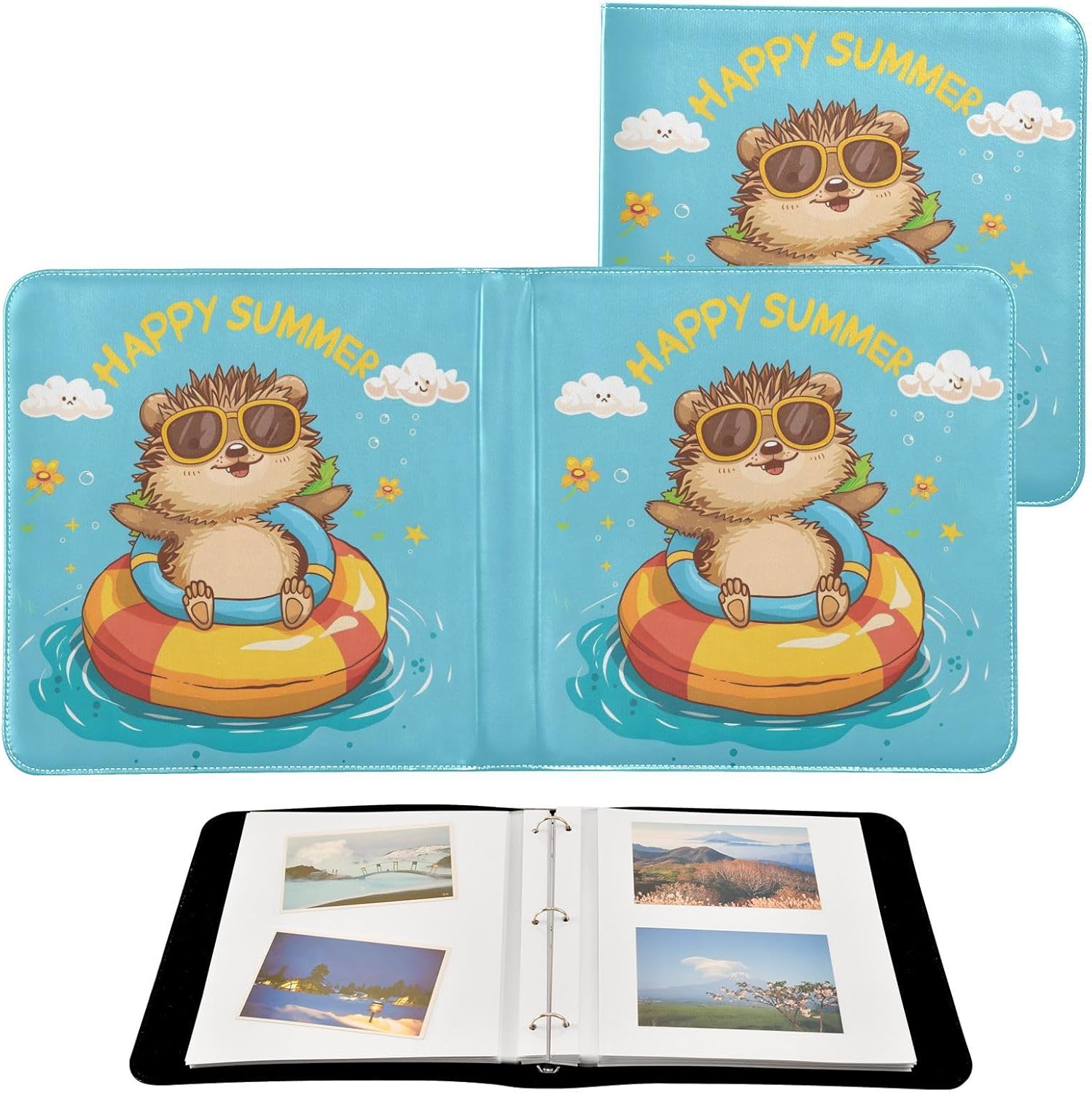 JIPONI Hedgehog Happy Summer Large Photo Album, DIY Leather Cover Scrapbook Albums for 4x6 5x7 6x8 Pictures, Self Adhesive Memory Book for Wedding, Baby, Family