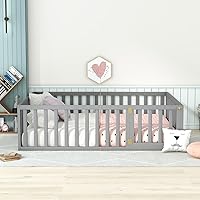 Vista 11 de Harper & Bright Designs Cama de plataforma de suelo tamaño individual con valla y puertas, marco de cama con conexión a tierra para espacios Gris