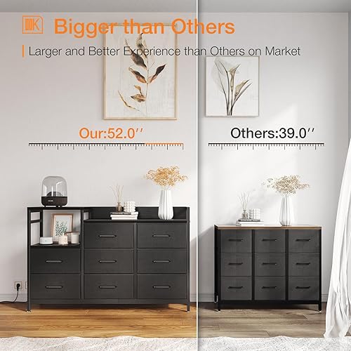 Miniatura 6 de ODK Cómoda con estación de carga, cómoda de 52 pulgadas de largo para dormitorio con 8 cajones de almacenamiento, cómoda de tela con marco de acero