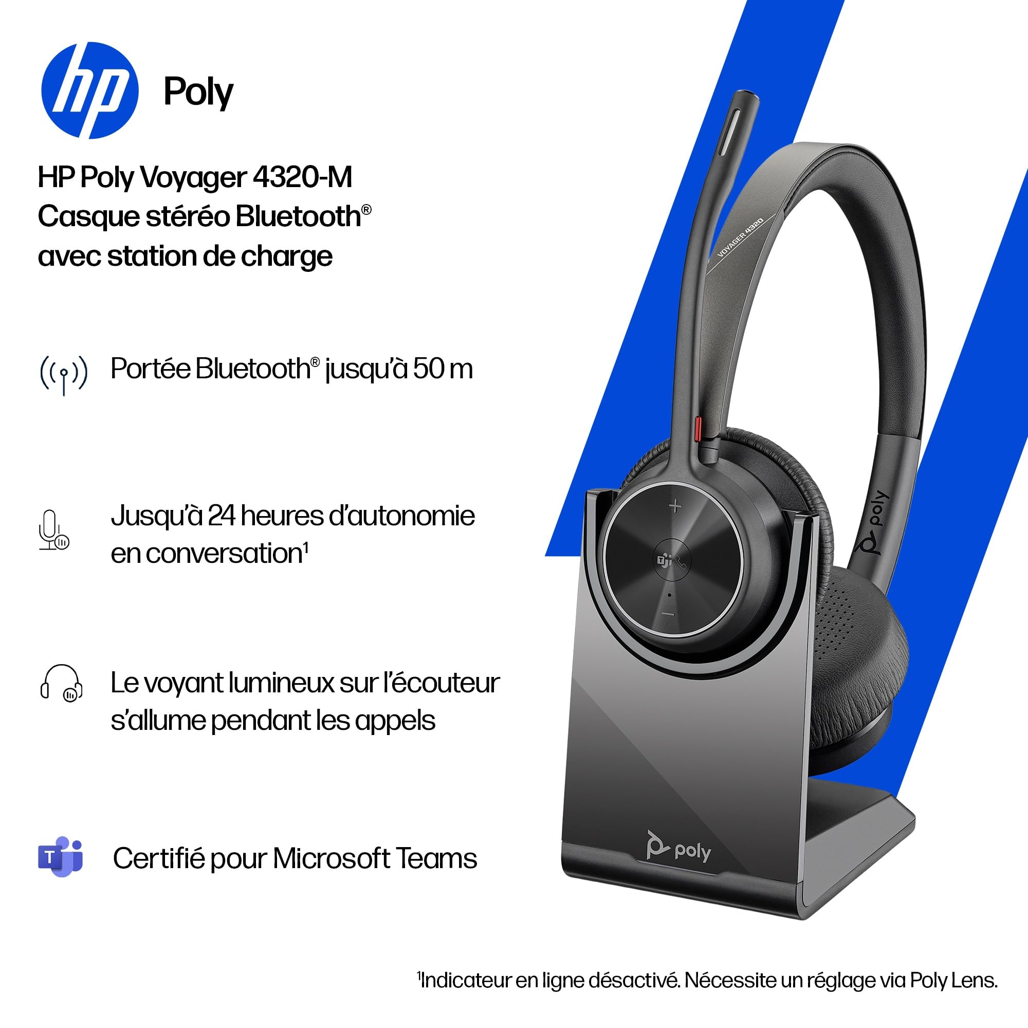 Micro-casque sans fil Poly Voyager 4320 UC et socle de chargement - Micro-casques binauraux avec perche microphone antibruit - Connexion à un PC/Mac/Téléphone portable via Bluetooth - Teams (certifié)