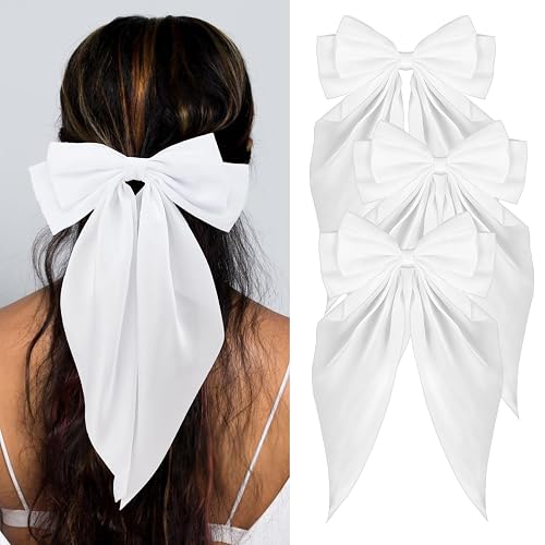 Loqpol Silky Satin Hair Bows, Oversized Long Tail Bows with Barrette Clips, Coquette Hair Accessories for Women and Girls (White 3P) - White 3P