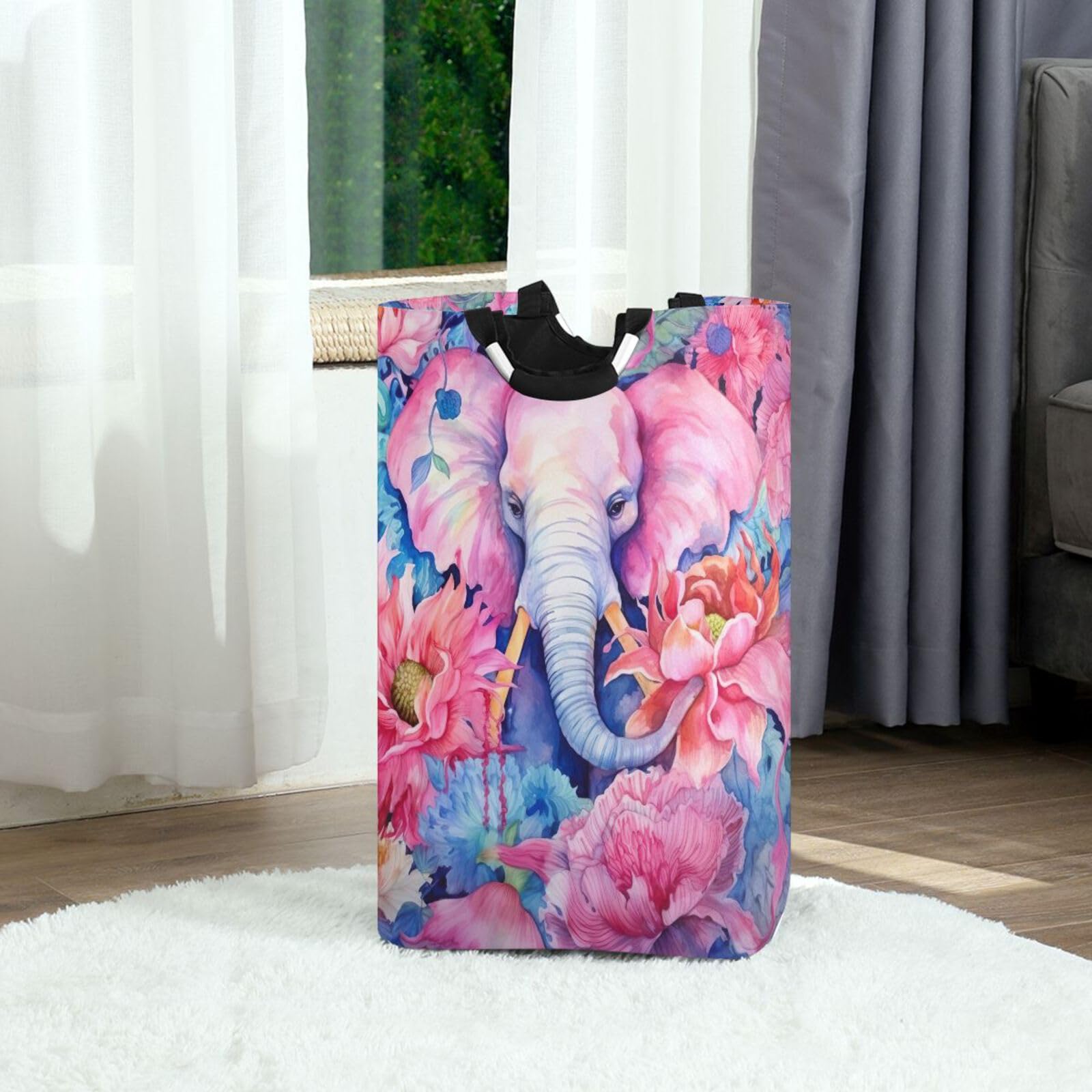 Jihqo Laundry Hamper Basket Elephant and Flower Collapsible Nursery Storage Bin Waterproof Clothing Baskets for Home Bedroom Bathroom Washing Room