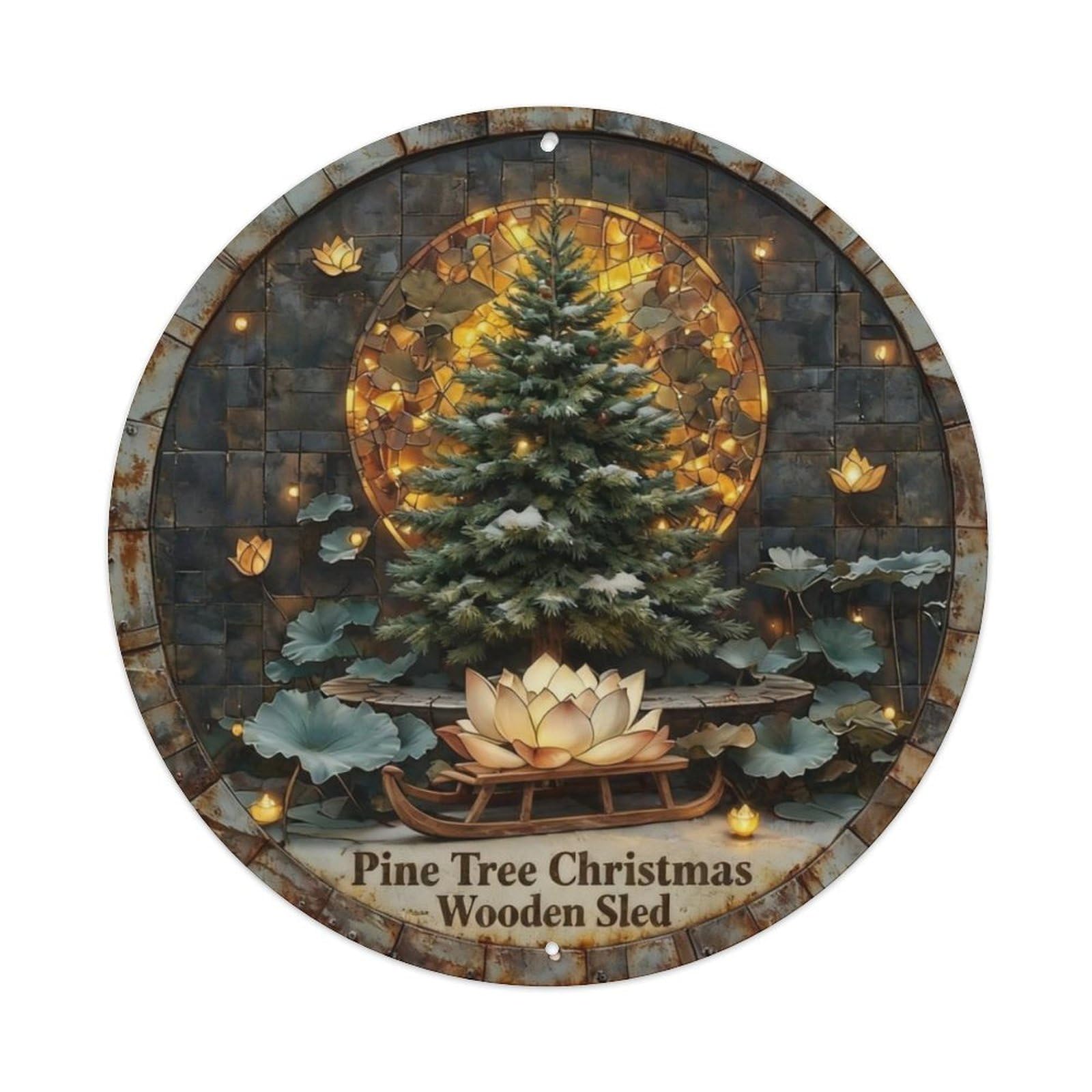 Pine Tree Christmas Wooden Sled Metal Tin Sign Plaque