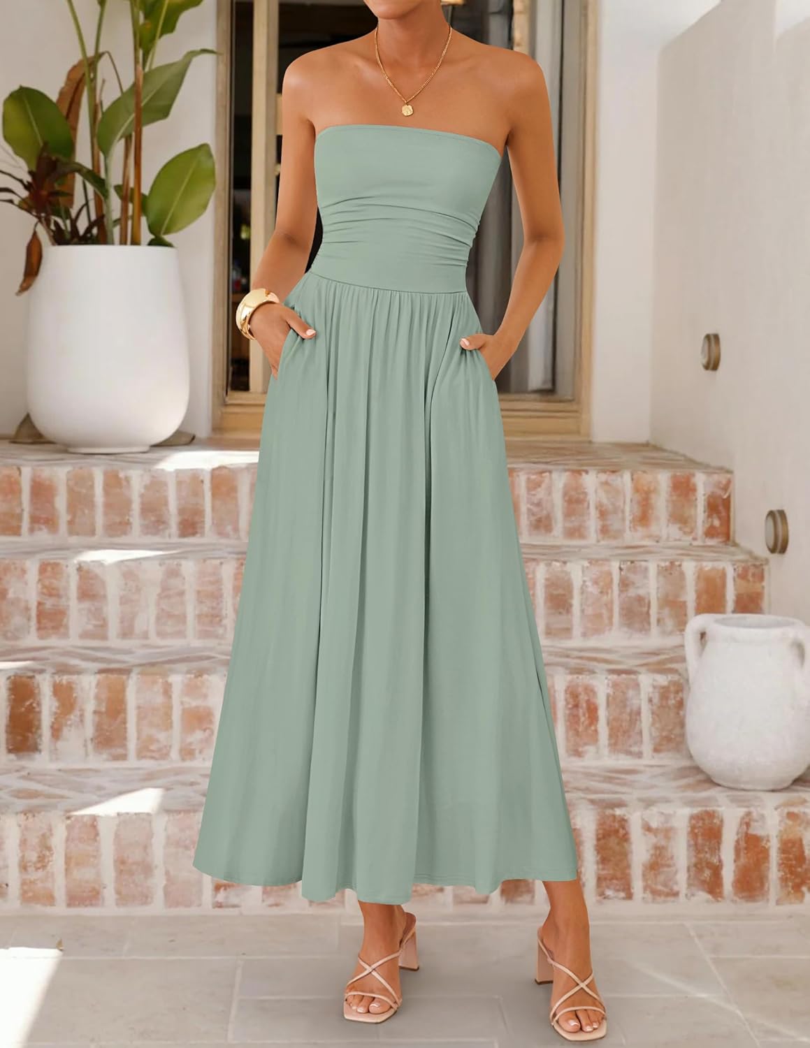 ZESICA Women's Summer Sleeveless Midi Dress 2026 Strapless Ruched A Line Flowy Wedding Guest Party Beach Long Dresses