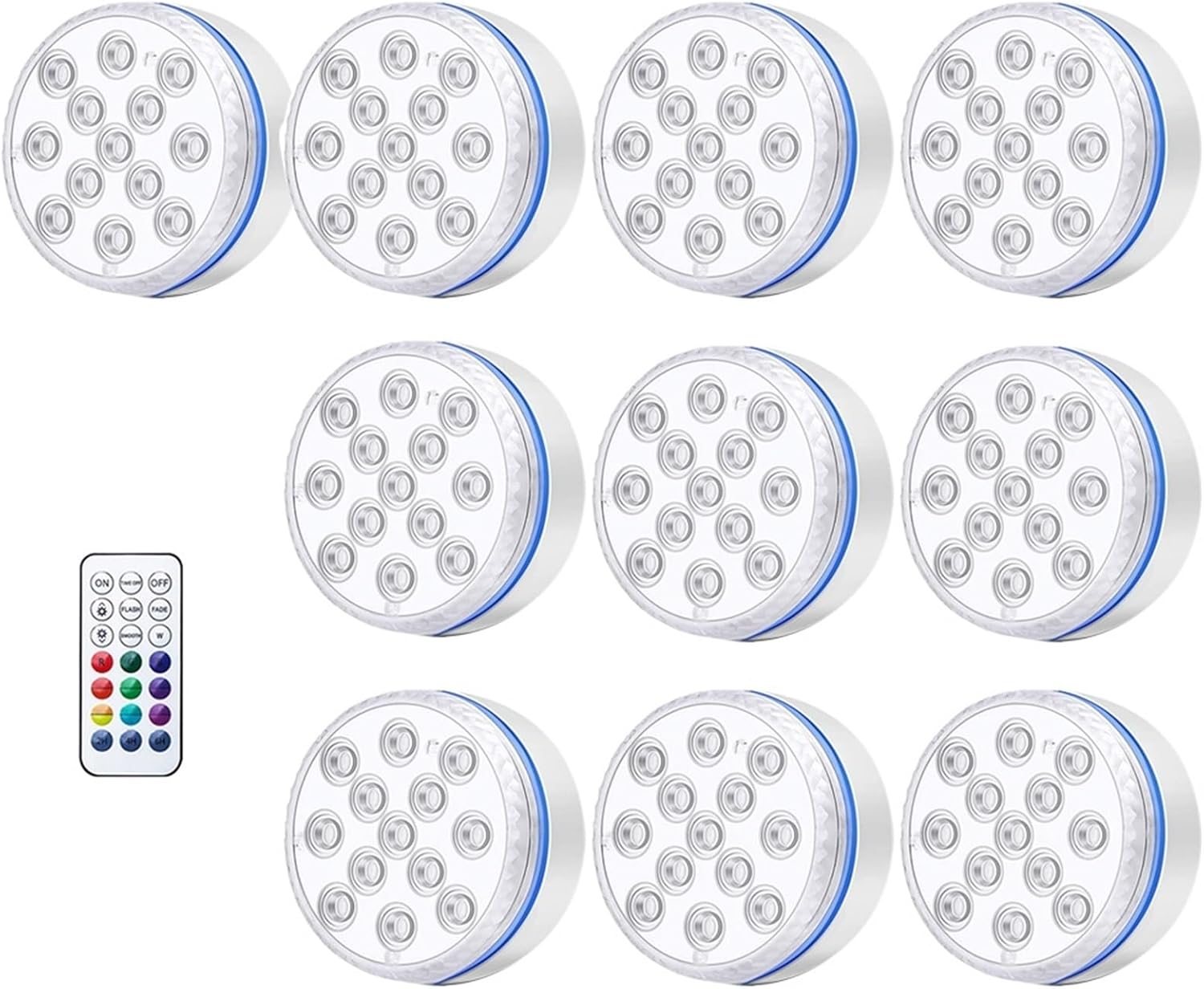 16 Colors Submersible Light 13Leds with Suction Cup Waterproof Remote Underwater Lights for Party Aquarium Swimming Pool Bathtub (Color : 1 control-10 lamp, Size : 7cm)