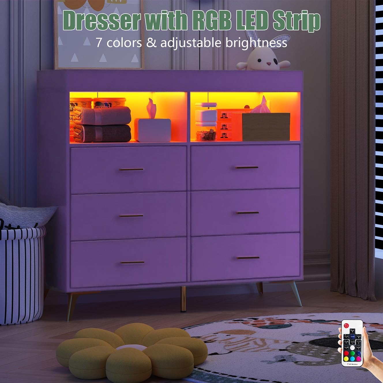 Jojoka Nursery Changing Table Dresser with LED Lighting and Charging Function, 6 Drawer Storage Dresser with 2 Open Compartments, Convertible Baby Diaper Station for Nursery and Bedroom Use