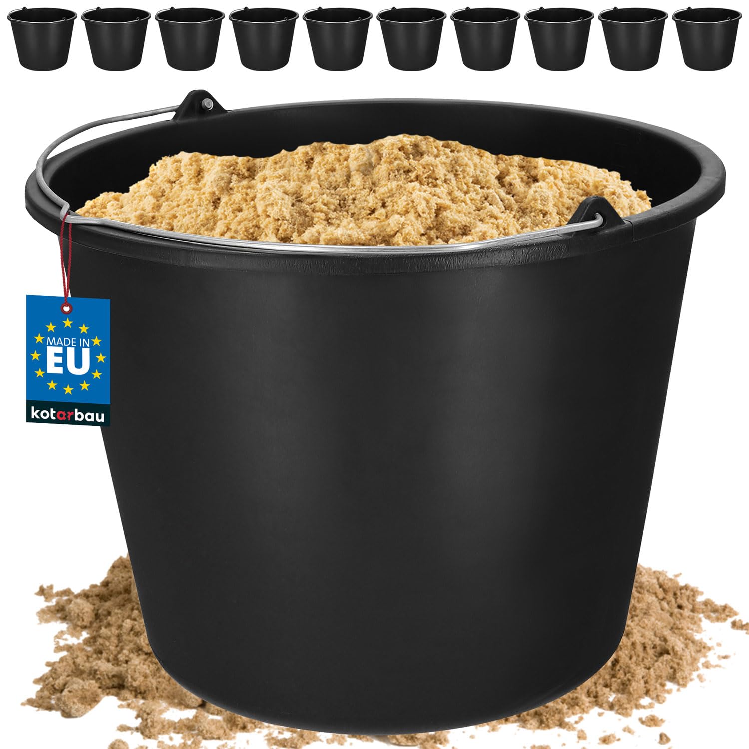 KOTARBAU® 10 Cubos de plástico, 16 litros, Negro, Cubo para Trabajos en jardín, construcción, Balde para mortero, Cemento, Agua, Cubo con asa Multiuso, Cubo Limpieza, Resistente, 10 Unidades