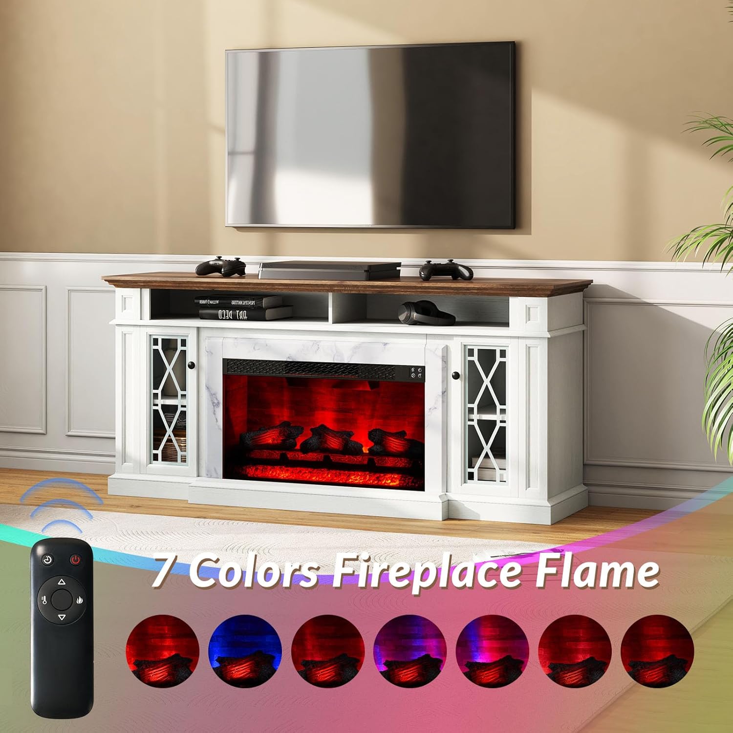70" Fireplace TV Stand with Storage for TVs up to 80", Farmhouse Fireplace Entertainment Center with Glass Doors/Adjustable Shelves, TV Media Console for Living Room, White
