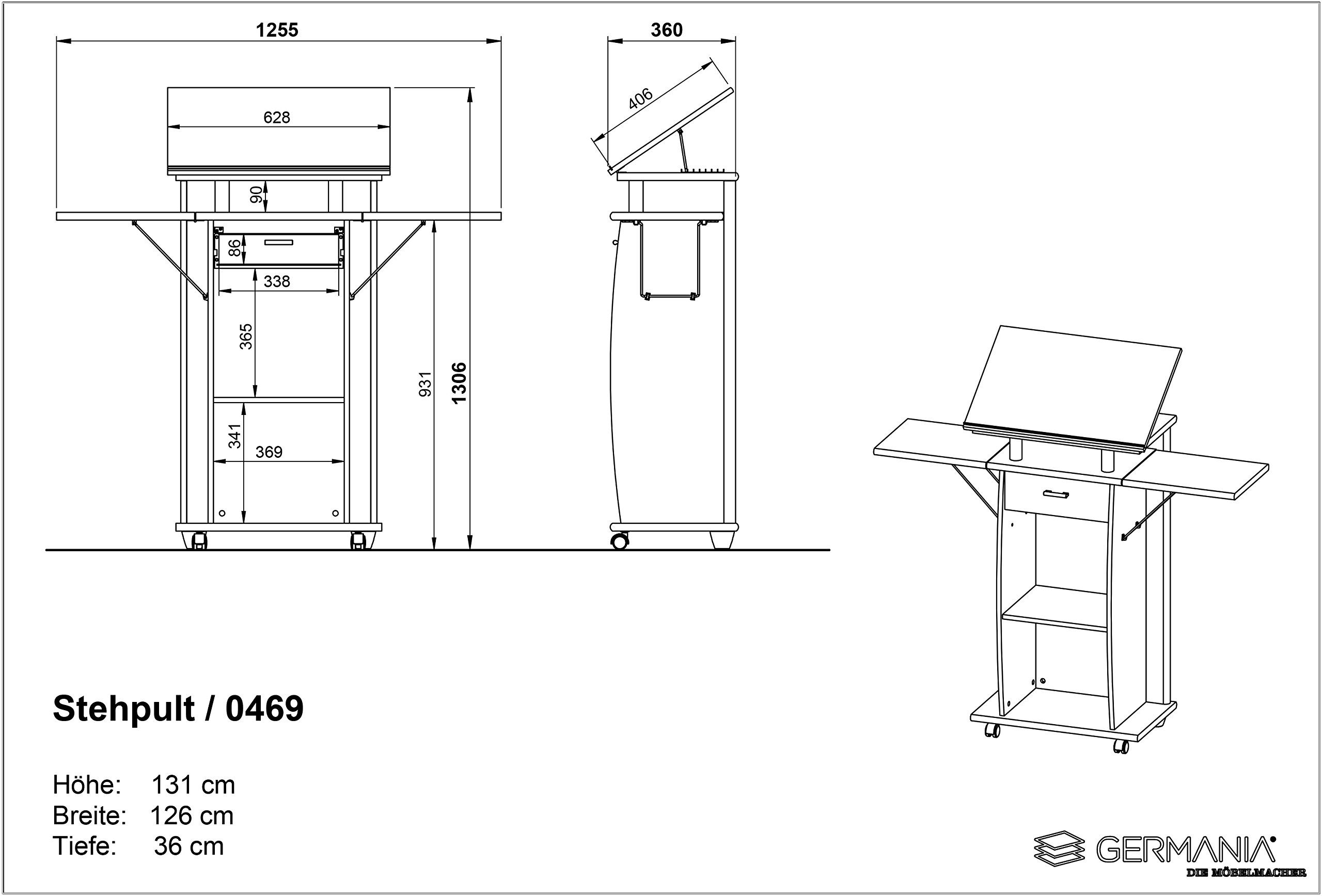 Germania 0469-58 Stehpult auf Laufrollen 0469, in Anthrazit, 65-126 x 130 x 37 cm (BxHxT)