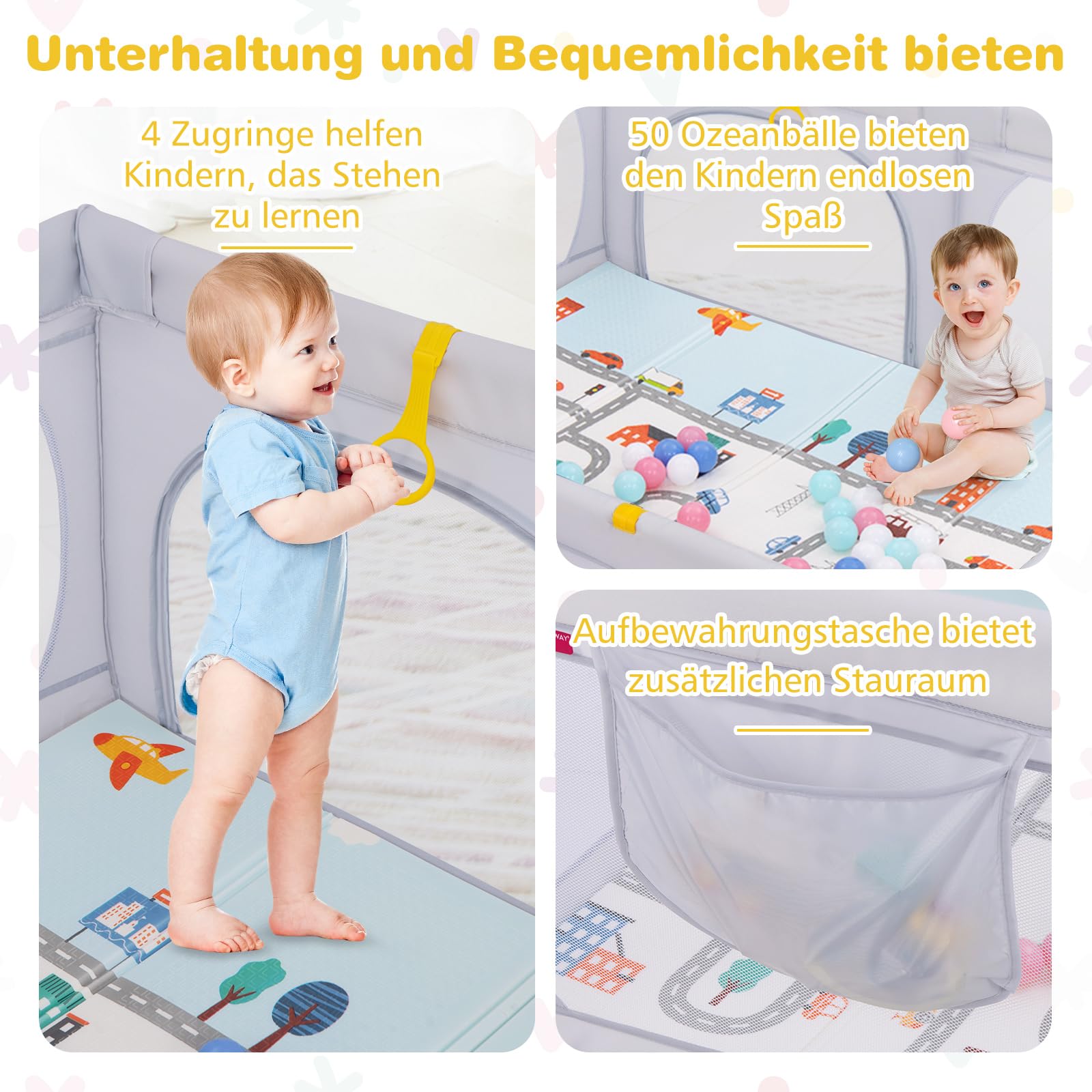 GOPLUS 189x158 cm Laufstall Baby, Laufgitter mit atmungsaktiver Netz, 4 Reißverschlusstür, Tragetasche, 50 Bällen, 4 Haltegriffen, Schutzgitter für Baby 0-3 Jahren (Mit Matratze,Hellgrau)