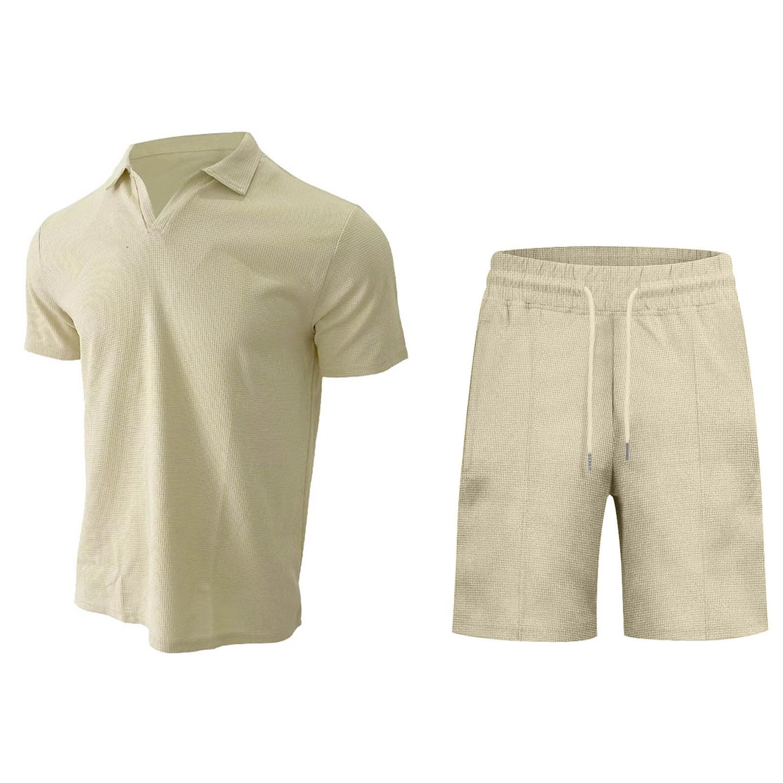 YOGALULU Trajes Hombre Vestir Juvenil Sólido Delgado Casual Cuello En V Camiseta Pantalones Cortos Dos Conjuntos Americana Terciopelo