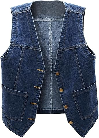 Womens Vest Top Sleeveless V Neck Open Front Button Down Jean Waistcoat Summer Lightweight Loose Casual Jean Jackets
