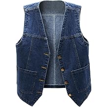Womens Vest Top Sleeveless V Neck Open Front Button Down Jean Waistcoat Summer Lightweight Loose Casual Jean Jackets