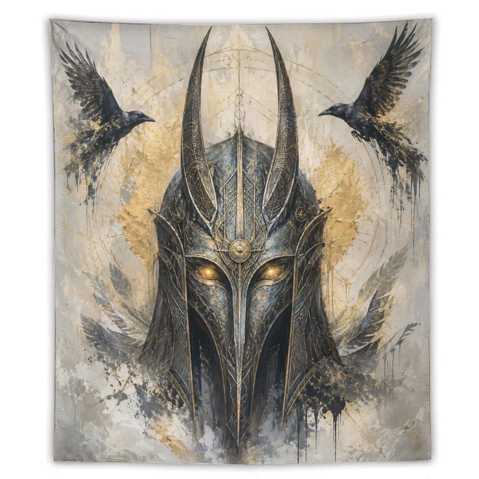 W7C8U2X3 Viking Helmet Twin Ravens Wall Tapestry, Ancient Saga Mood