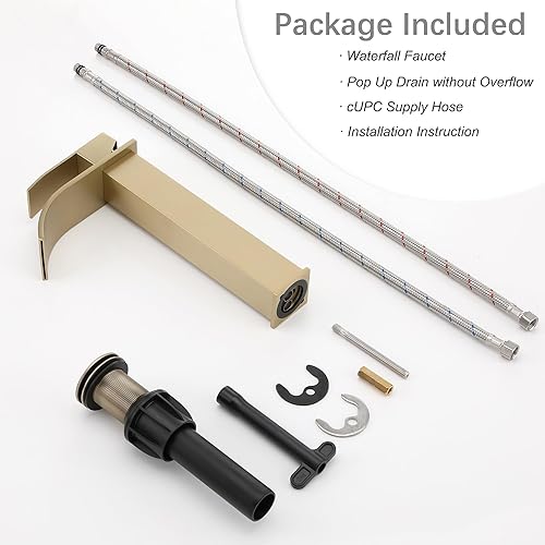 Miniatura 7 de JXM1221BG - Grifo de baño dorado cepillado con manguera de suministro y drenaje desplegable, grifo de cascada de una sola manija para fregadero de