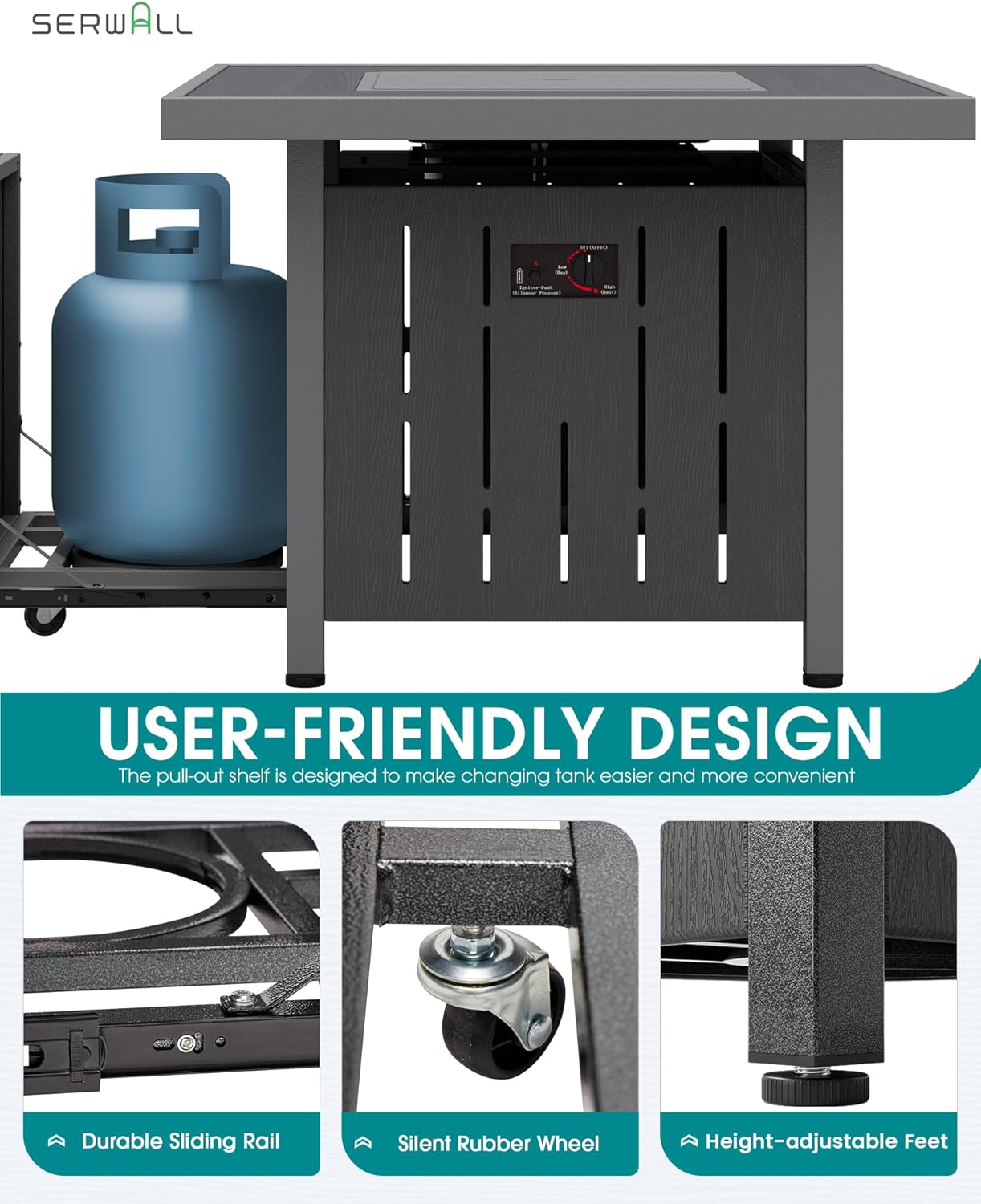 SERWALL fire pit table showing the pull-out shelf for easy propane tank access and adjustable feet.