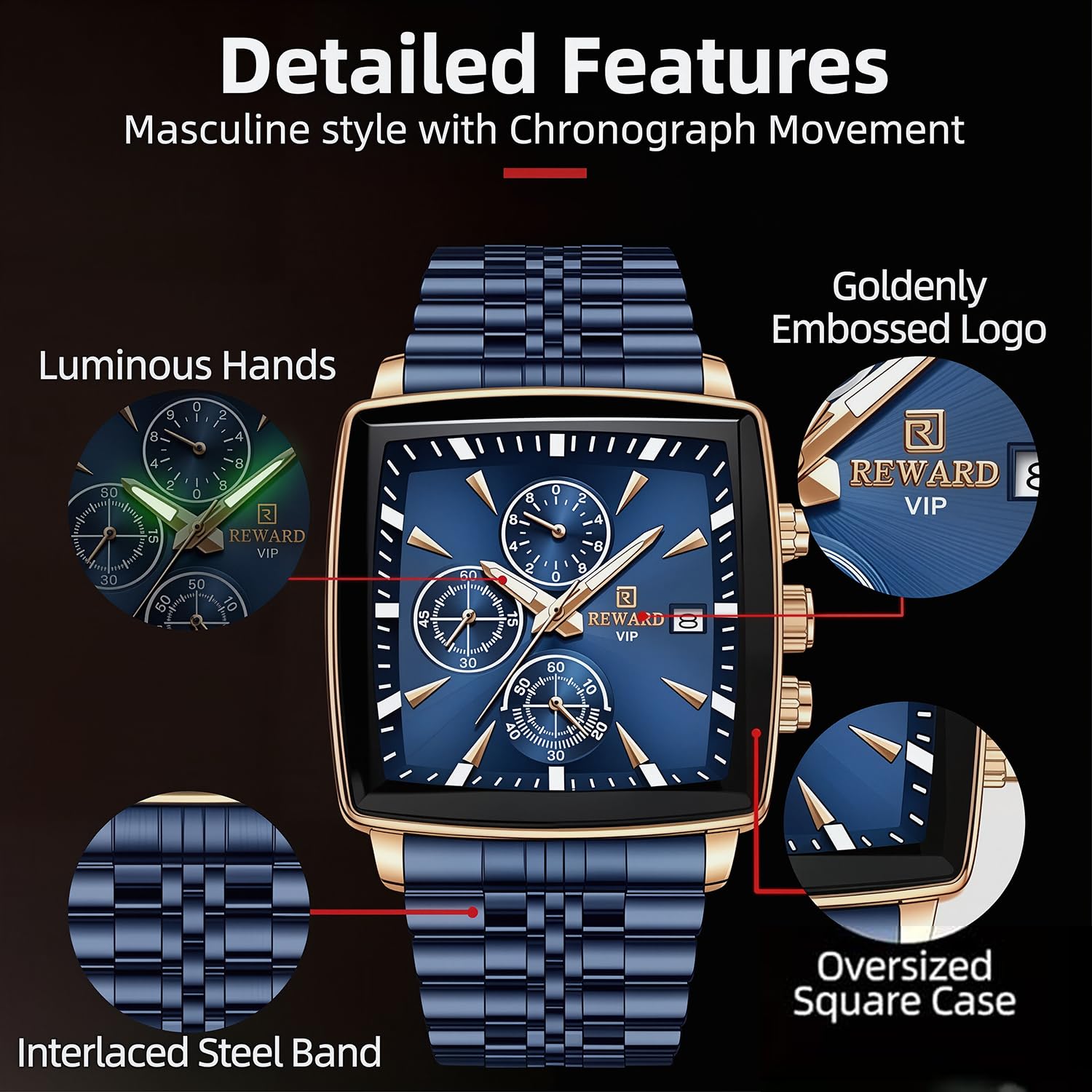 FORSINING Orologio Uomo Quadrato, Orologio Cronografo al Quarzo Business con Funzione Luminosa e Data, Impermeabile Cinturino in Acciaio Inossidabile Blu Orologio di Lusso per Uomo