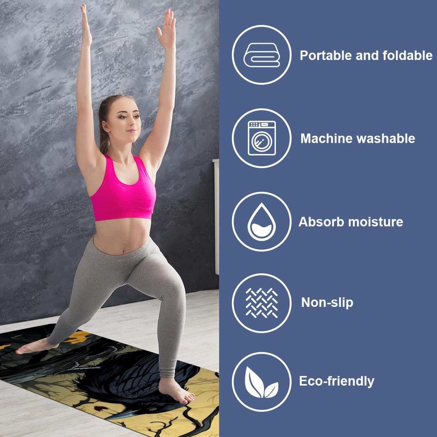 Yoga Towel, Black Crow Pattern Non Slip Sweat Absorbent Hot Yoga Mat Towel for Hot Yoga, Pilates and Fitness - 72.8" x 26.8"