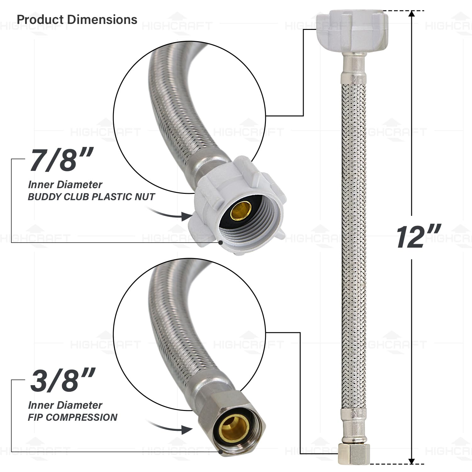 Highcraft 27412-NL-2 Conector de inodoro, manguera trenzada de acero inoxidable se conecta a la línea de suministro 3/8 compresión x 7/8 tuerca hembra Ballcock de 12 pulgadas