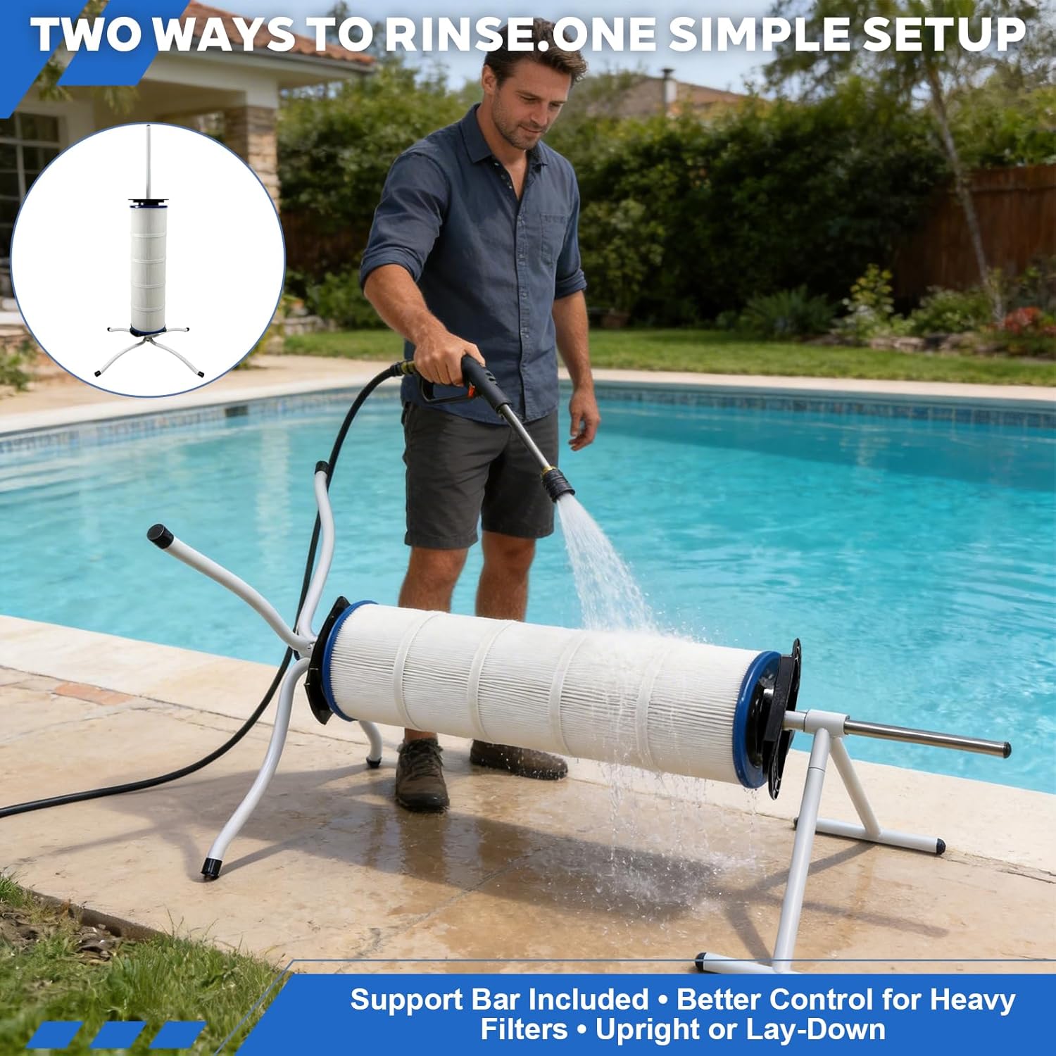 Pool Filter Cleaning Stand with Support Bar, Lay-Down Stand for Heavy Wet Cartridge Filters, Stainless Steel Center Post, Fits 3"/4"/6" Core Filters up to 35"